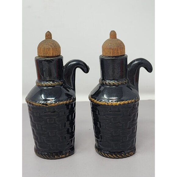 Vintage Black Ceramic Oil & Vinegar Cruet Set With Cork Stoppers Retro MCM Decor - Picture 2 of 10